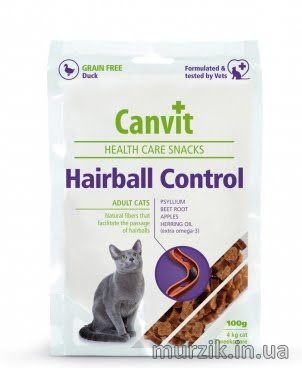 Полувлажные функциональные лакомства для кошек со вкусом утки Canvit Hairball Control (Канвит Хербол Контроль) для профилактики образования комочков шерсти в кишечнике 100 г 9042644 фото