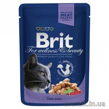 Вологий корм Brit Premium Cat Pouch для котів, з тріскою, 100 г 100272 фото