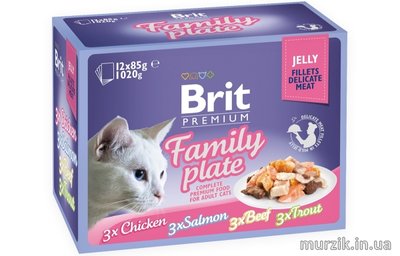 Набір вологих кормів Brit Premium pouches «Сімейна тарілка філе в желе» для котів, асорті із 4 смаків, 12 шт. х 85 г 111245 фото
