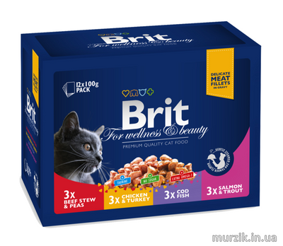 Набір вологих кормів Brit Premium Cat Pouch «Сімейна тарілка» для котів, асорті із 4 смаків, 12 шт х 100 г 100278 фото